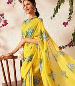 Yellow printed polycotton casual wear saree with blouse piece