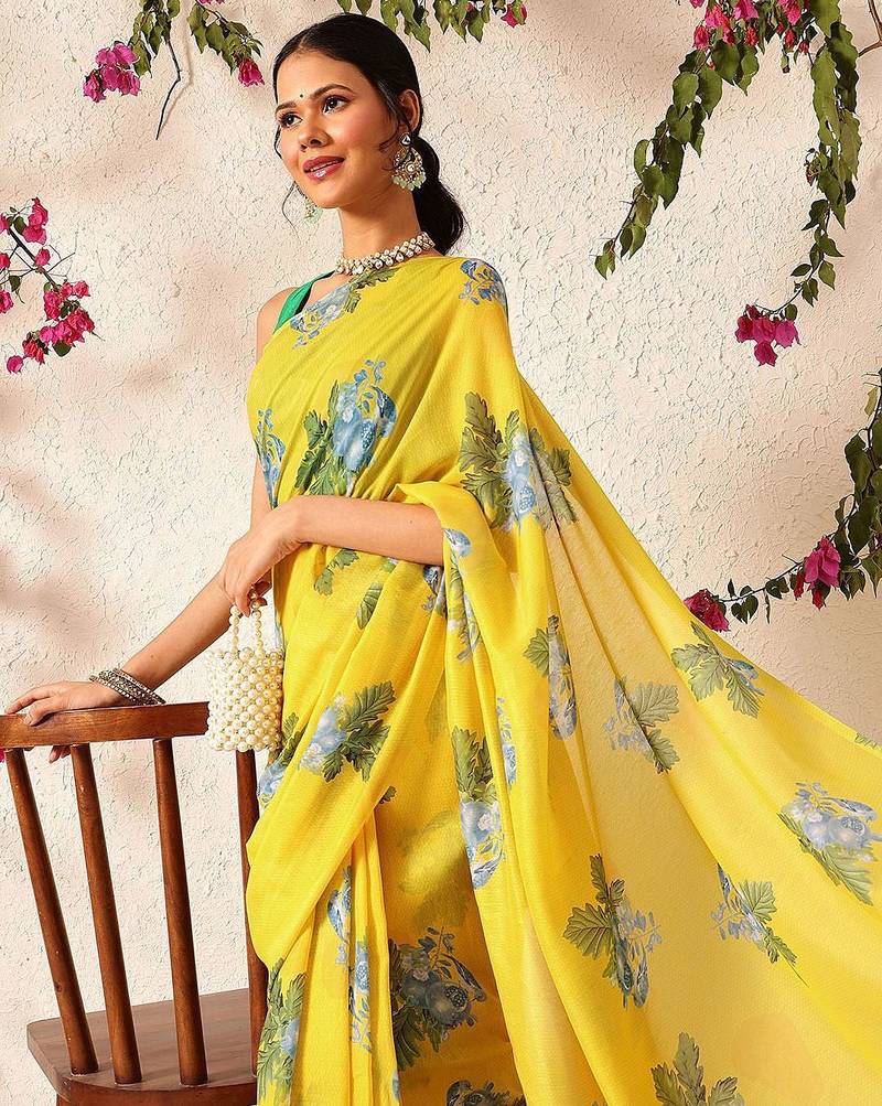 Yellow printed polycotton casual wear saree with blouse piece