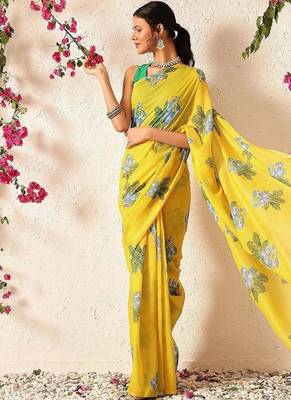 Yellow printed polycotton casual wear saree with blouse piece 2
