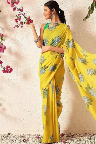 Yellow printed polycotton casual wear saree with blouse piece