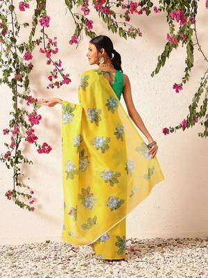 Yellow printed polycotton casual wear saree with blouse piece 3