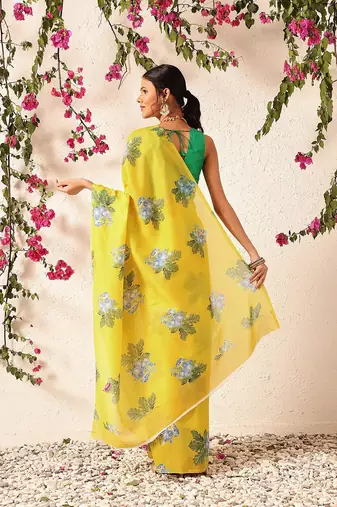 Yellow printed polycotton casual wear saree with blouse piece