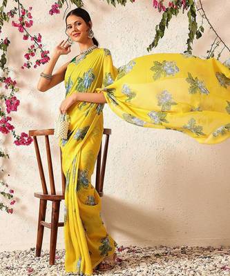 Yellow printed polycotton casual wear saree with blouse piece 4