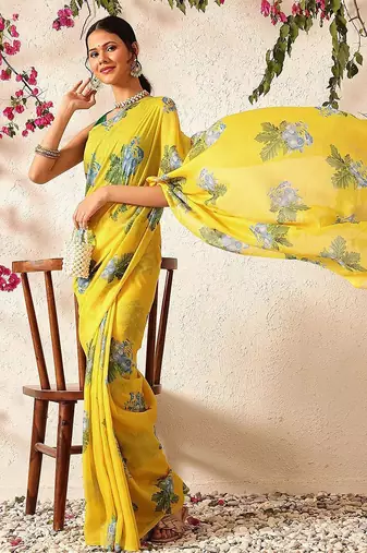 Yellow printed polycotton casual wear saree with blouse piece