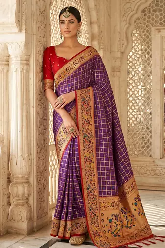 women's purple banarasi silk blend saree with zari work & contrast blouse - festive wedding wear