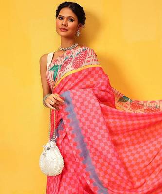 Pink printed polycotton casual wear saree with blouse piece 1