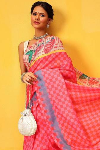 Pink printed polycotton casual wear saree with blouse piece