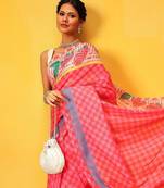 Pink printed polycotton casual wear saree with blouse piece