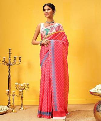 Pink printed polycotton casual wear saree with blouse piece 2