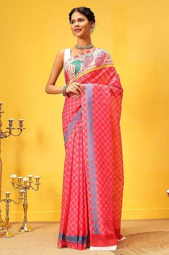 Pink printed polycotton casual wear saree with blouse piece