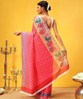 Pink printed polycotton casual wear saree with blouse piece 3