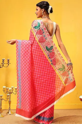 Pink printed polycotton casual wear saree with blouse piece