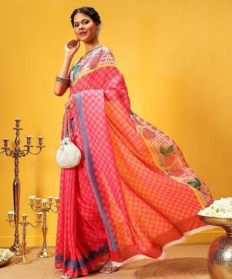 Pink printed polycotton casual wear saree with blouse piece 4