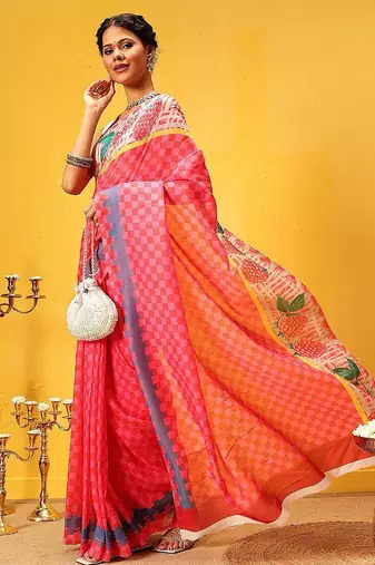 Pink printed polycotton casual wear saree with blouse piece