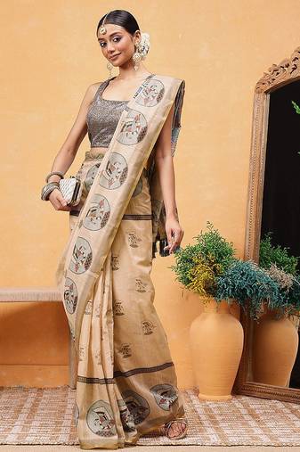 Beige printed cotton blend ethnic saree with blouse piece