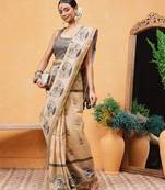 Beige printed cotton blend ethnic saree with blouse piece
