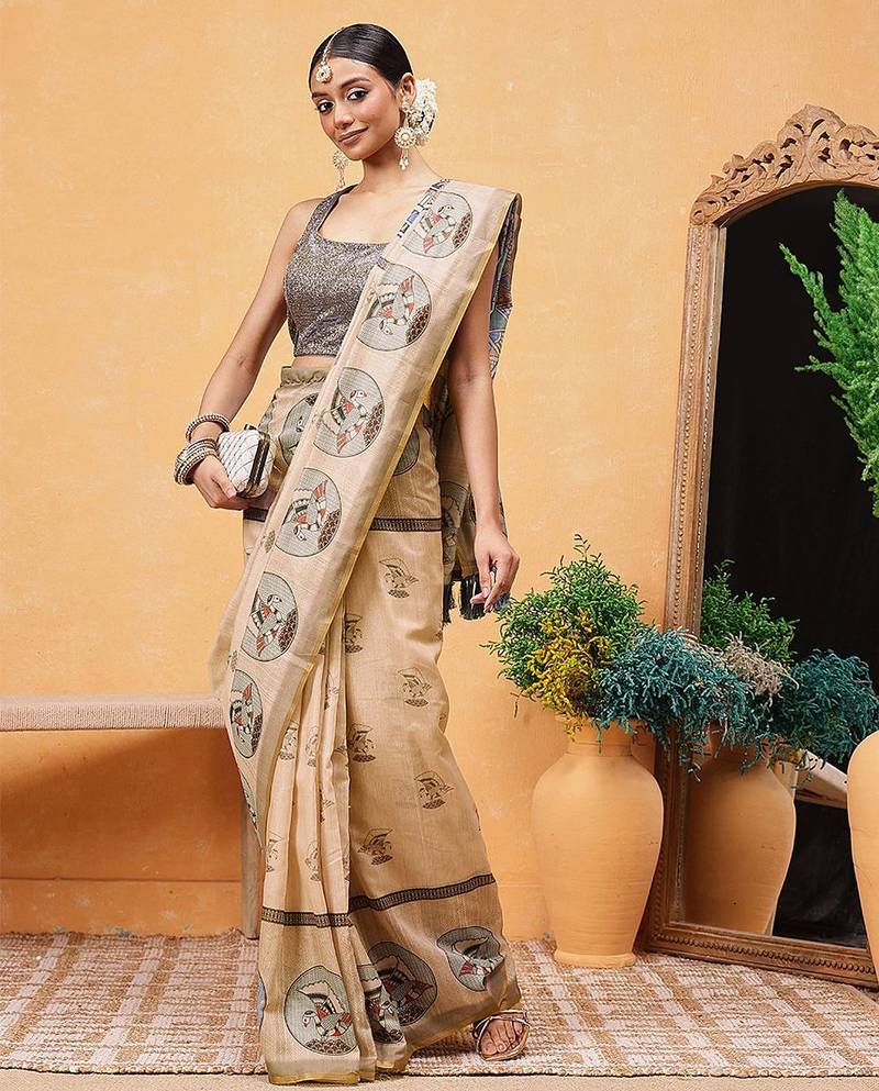 Beige printed cotton blend ethnic saree with blouse piece