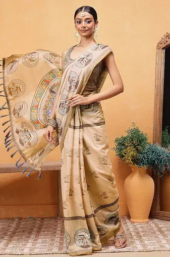 Beige printed cotton blend ethnic saree with blouse piece