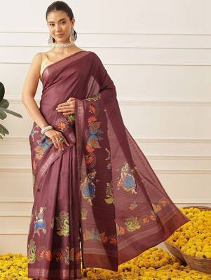 Maroon printed art silk ethnic saree with blouse piece 1