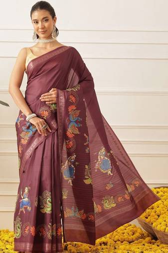 Maroon printed art silk ethnic saree with blouse piece
