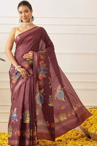 Maroon printed art silk ethnic saree with blouse piece