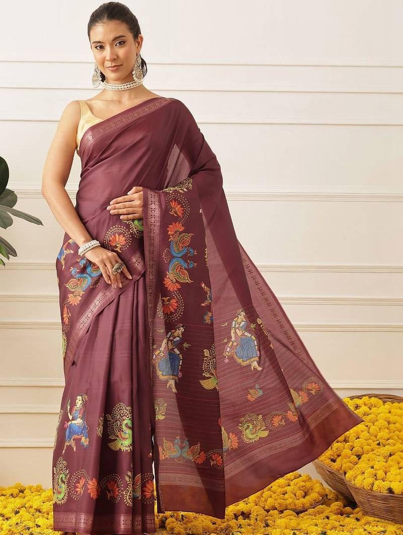 Maroon printed art silk ethnic saree with blouse piece