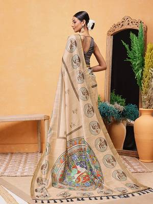 Beige printed cotton blend ethnic saree with blouse piece 3