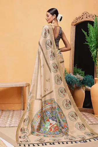 Beige printed cotton blend ethnic saree with blouse piece