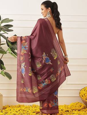 Maroon printed art silk ethnic saree with blouse piece 2