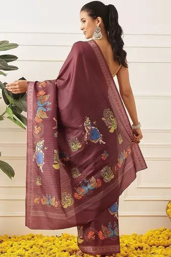 Maroon printed art silk ethnic saree with blouse piece