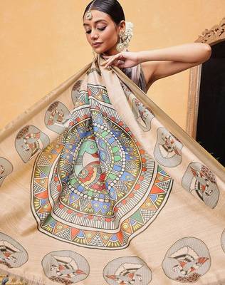 Beige printed cotton blend ethnic saree with blouse piece 4