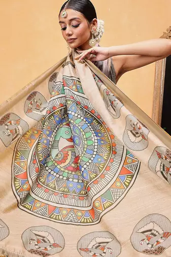 Beige printed cotton blend ethnic saree with blouse piece