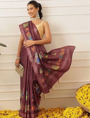 Maroon printed art silk ethnic saree with blouse piece 3