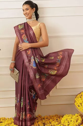 Maroon printed art silk ethnic saree with blouse piece