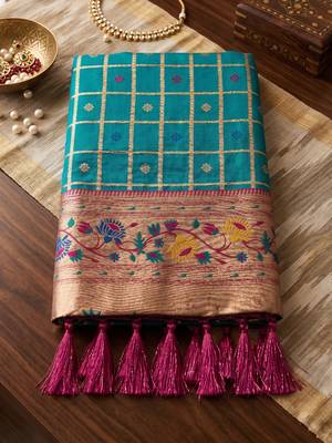 women's sea green banarasi silk blend saree with zari work & contrast blouse - festive party wear 5