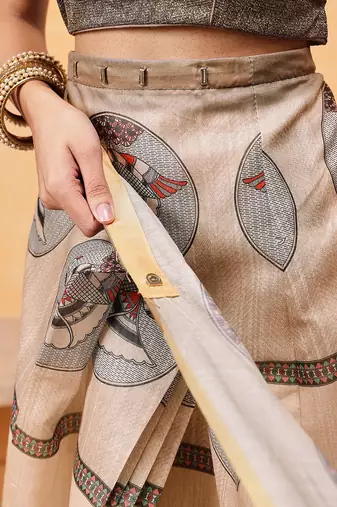 Beige printed cotton blend ethnic saree with blouse piece