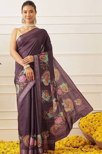 Purple printed art silk ethnic saree with blouse piece