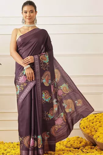 Purple printed art silk ethnic saree with blouse piece