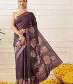Purple printed art silk ethnic saree with blouse piece