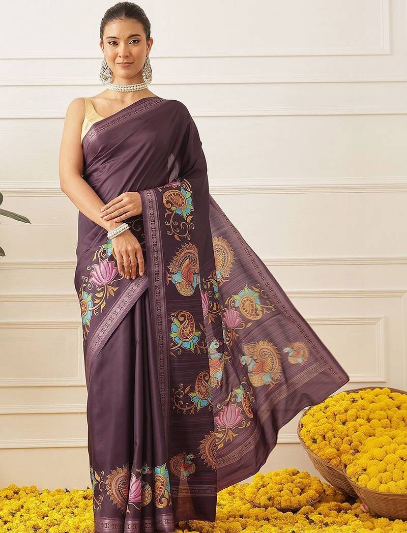 Purple printed art silk ethnic saree with blouse piece