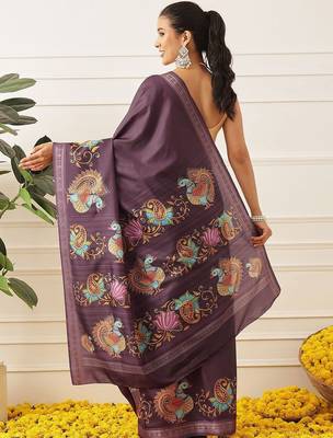 Purple printed art silk ethnic saree with blouse piece 2