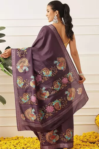 Purple printed art silk ethnic saree with blouse piece