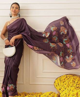 Purple printed art silk ethnic saree with blouse piece 3
