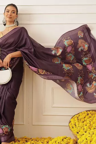 Purple printed art silk ethnic saree with blouse piece