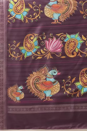 Purple printed art silk ethnic saree with blouse piece