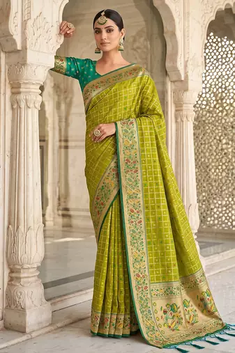women's lime green banarasi silk blend saree with zari work & contrast blouse - festive saree