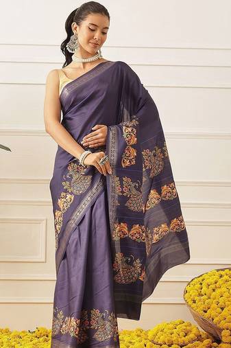 Navy blue printed art silk ethnic saree with blouse piece