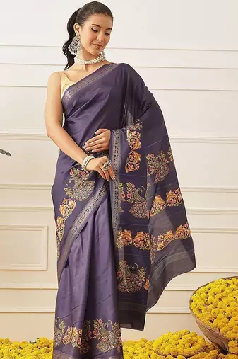 Navy blue printed art silk ethnic saree with blouse piece