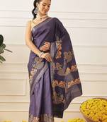 Navy blue printed art silk ethnic saree with blouse piece
