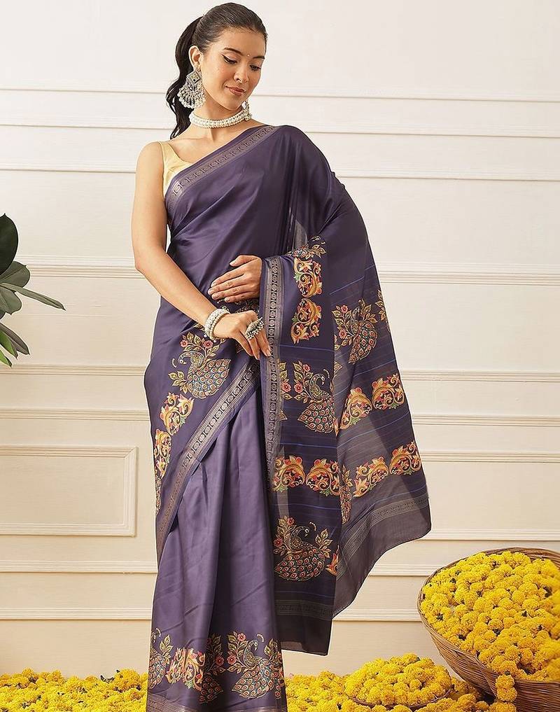 Navy blue printed art silk ethnic saree with blouse piece